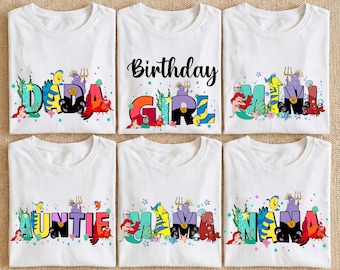 Koszulka urodzinowa dla rodziny syren, koszulka urodzinowa dla dziewczynki z księżniczką Ariel, pasujące koszulki z motywem małej syrenki i mamy i taty, prezent na imprezę w stylu księżniczki