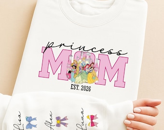 Princess Mama Sweatshirt, Disney Mom Custom Shirt, Kids Name on Sleeve Crewneck, Personalized Grandma Sweater, Coquette Princess Tees