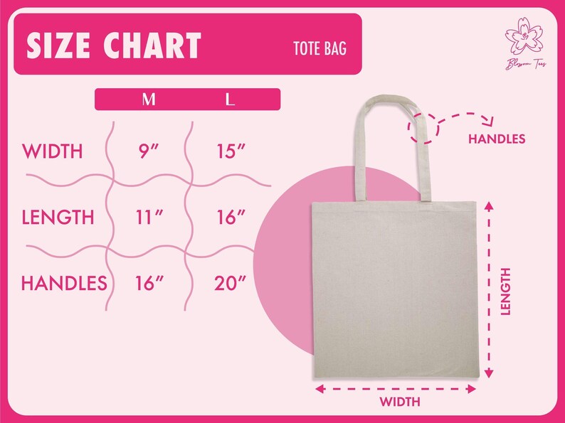 The image is a size chart for a tote bag, providing measurements for width, length, handles, and handles.