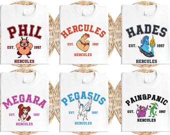 Disney Hercules matchande t-shirt, Hercules Megara Hades t-shirt, Pegasus tröja, Smärta och panik t-shirt, Disneyland Muses t-shirt
