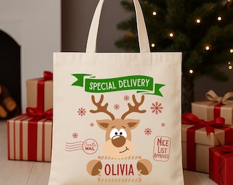 Reindeer Special Delivery Christmas Tote Bag, Personalized XMAS Kids Gift, Santa Claus Delivery Totes, Custom Christmas Canvas Tote Bags