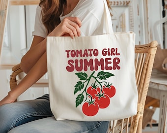 Sac fourre-tout d'été fille tomate, sac fourre-tout en toile marché fermier, cabas de plage tomates, sac cabas cocktail tomate, cabas de jardinier