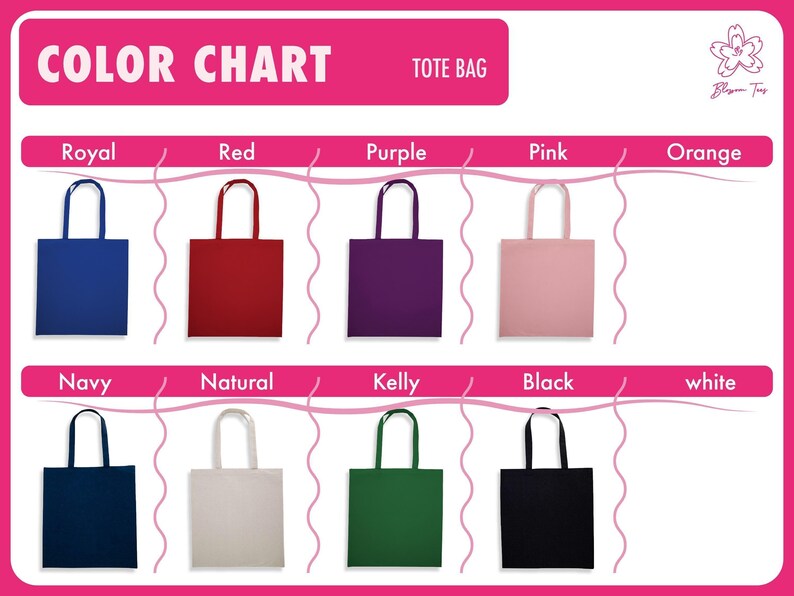 a color chart for a tote bag, with each color represented by a different tote bag. The chart includes the colors Royal Blue, Red, Purple, Pink, Orange, Navy, Natural, Kelly, Black, and White.