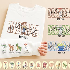 Toy Story Mama Sweatshirt, Mom Story Shirt, Disney Nana Gift Tee, Kids Name on Sleeve Crewneck, Custom Buzz Lightyear Grandma Sweater