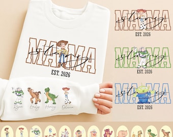 Sudadera de Toy Story Mama, camiseta Mom Story, camiseta Disney Nana Gift, cuello redondo con nombre para niños en la manga, suéter personalizado de Buzz Lightyear Grandma