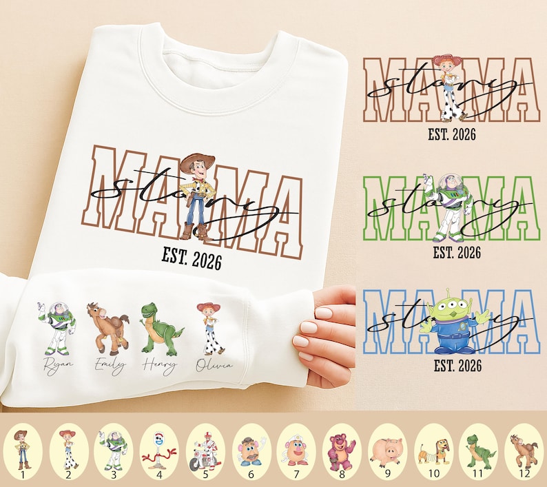 Toy Story Mama Sweatshirt, Mom Story Shirt, Disney Nana Gift Tee, Kids Name on Sleeve Crewneck, Custom Buzz Lightyear Grandma Sweater
