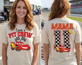 Bilar födelsedagsmamma-tröja, McQueen-tröja med pit-crew-motiv, Bilar-tröja för familjefest, Blixtens födelsedagspresent, Disney-racingbils födelsedagsresa