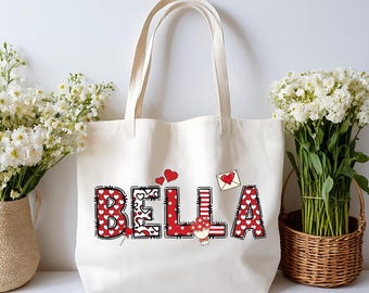 Bolsa de tela personalizada para San Valentín, bolsa de lona para San Valentín, bolsa de tela personalizada, bolsas para niños con nombre de corazón, bolsa de viaje para San Valentín