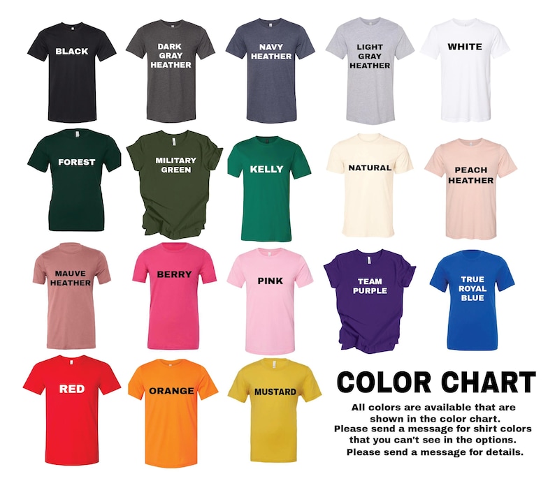 The image is a color chart displaying various t-shirt colors, including black, dark brown, navy, light gray, white, peach, natural, pink, purple, true royal blue, and orange.