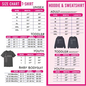 a size chart for various types of clothing, including a T-shirt, a hoodie, and a sweatshirt, as well as a baby bodysuit. The chart provides specific measurements for different age groups, such as children and adults, and includes a toddler sweatshirt. The chart is designed to help customers determine the appropriate size for their clothing based on their age and size.