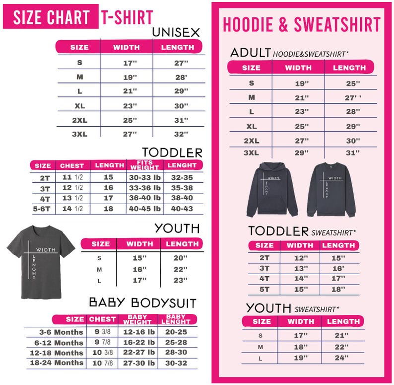 a size chart for various types of clothing, including a T-shirt, a hoodie, and a sweatshirt, as well as a baby bodysuit. The chart provides specific measurements for different age groups, such as children and adults, and includes a toddler sweatshirt. The chart is designed to help customers determine the appropriate size for their clothing based on their age and size.