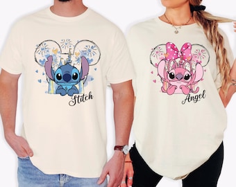 Shirt Stitch and Angel, bijpassend T-shirt Mickey Couple, aangepaste Disneyland-gezinsuitstapje, Valentijnsdagcadeau, Minnie Bow Lover Girl-trui