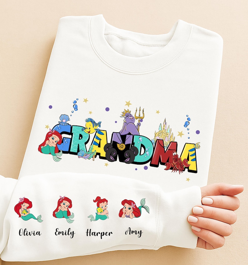 Personalized Little Mermaid Grandma Shirt, Disney Nana Sweatshirt, Princess Ariel Grandkids Names Tee, Disneyland Mothers Day Gift