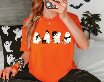 Halloween Ghost Tee, Black Cat Spooky Season T-shirt, Fall Cats Sweatshirt, Halloween Girls Gift Shirts, Cat Lover Halloween Tees