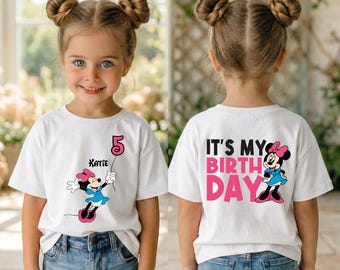 Koszulka urodzinowa dla dziewczynki z Minnie, spersonalizowana koszulka urodzinowa Disney dla dzieci, koszulka urodzinowa z myszką, koszulka urodzinowa z wycieczką do Disneylandu