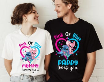Disney Gender Reveal Shirt, Stitch Baby Announcement Party T-Shirt, Angel Baby Shower Matching Sweatshirt, Pink or Blue Family  Tee