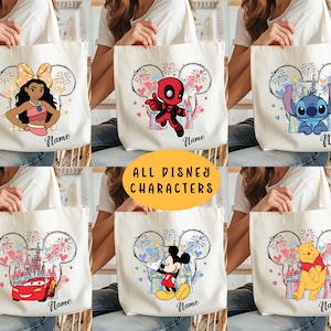 May include: Cream-colored tote bags featuring various Disney characters, including Pocahontas, Deadpool, Stitch, Lightning McQueen, Mickey Mouse, and Winnie the Pooh. Each bag has a personalized name section and a Mickey Mouse ear design with fireworks. The text "ALL DISNEY CHARACTERS" is also present.