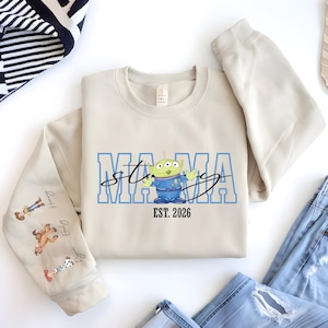 Toy Story Mama Sweatshirt, Mom Story Shirt, Disney Nana Gift Tee, Kids Name on Sleeve Crewneck, Custom Buzz Lightyear Grandma Sweater