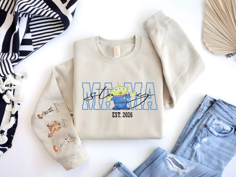 Toy Story Mama Sweatshirt, Mom Story Shirt, Disney Nana Gift Tee, Kids Name on Sleeve Crewneck, Custom Buzz Lightyear Grandma Sweater