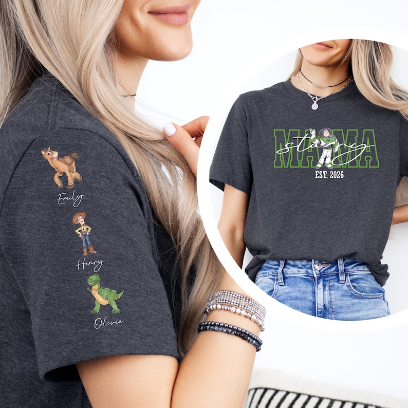 Toy Story Mama Sweatshirt, Mom Story Shirt, Disney Nana Gift Tee, Kids Name on Sleeve Crewneck, Custom Buzz Lightyear Grandma Sweater