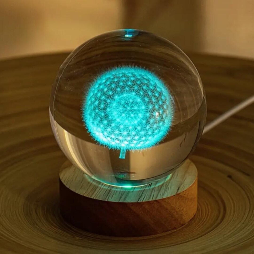 Custom Dandelion Crystal Ball Night Light, Engraved Wood Base ...