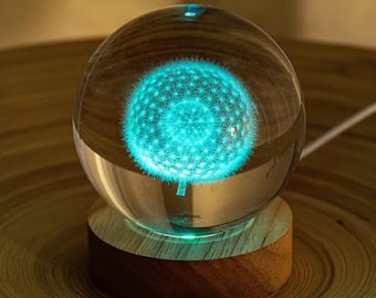 Luz nocturna de bola de cristal de diente de león personalizada, base de madera grabada, regalo de Navidad