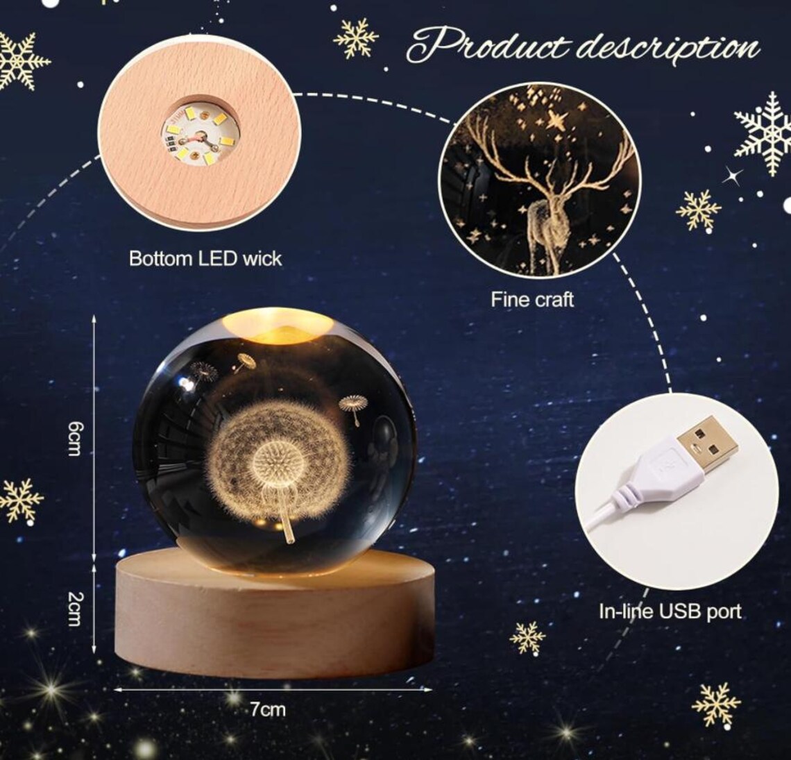 Custom Dandelion Crystal Ball Night Light, Engraved Wood Base ...