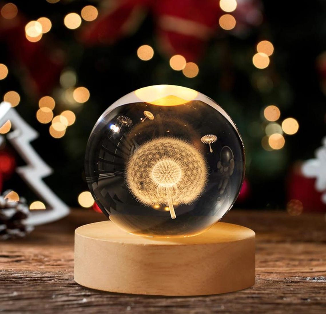 Custom Dandelion Crystal Ball Night Light, Engraved Wood Base ...