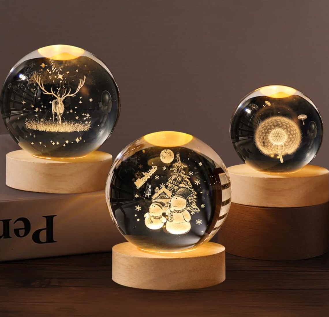 Custom Dandelion Crystal Ball Night Light, Engraved Wood Base ...