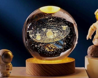 Luz nocturna con bola de cristal del Sistema Solar 3D: globo terráqueo grabado personalizado, regalo de Navidad