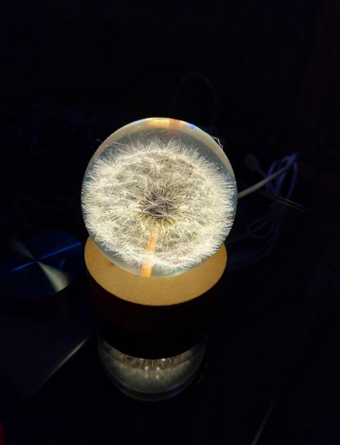 Custom Dandelion Crystal Ball Night Light, Engraved Wood Base ...