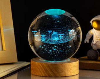 Lámpara de noche con bola de cristal del sistema solar 3D, globo galáctico grabado