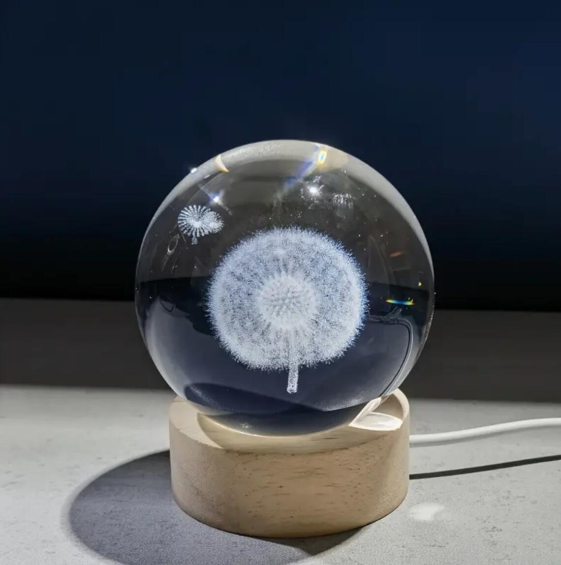 Custom Dandelion Crystal Ball Night Light, Engraved Wood Base ...