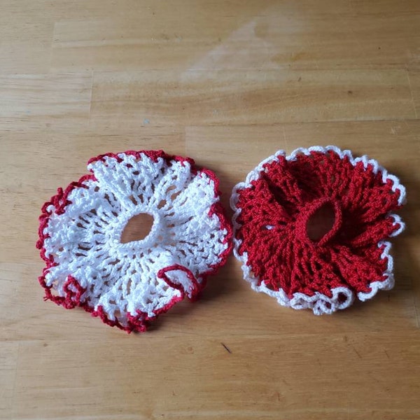 Vintage crocheted candle skirts set of 2, red and white, holidays, Christmas, Valentines, gift, retro, handmade.