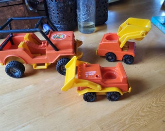 1977, orange and yellow,  Fisher Price , jeep, tractor, front loader, toys, retro
