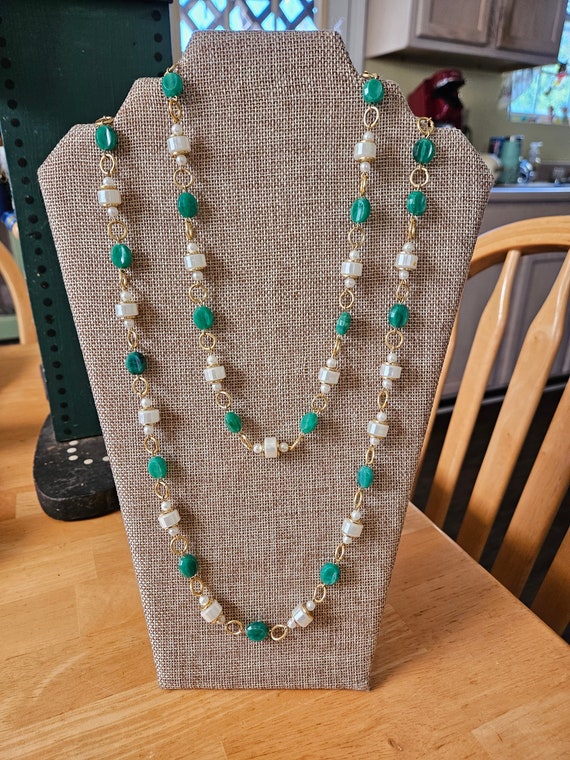 Long green, gold and white, beaded, necklace,  cos