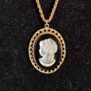 70&#39;s, cameo, black and goldtone, necklace, vintage