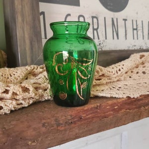 Vintage, emerald green and gold floral vase, small, retro, unmarked