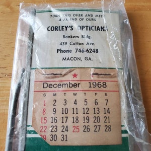 1968, advertising calendar / mirror, stand up, desk, desktop, Macon Ga, Corley &#39;s Opticians, retro, vintage, gift