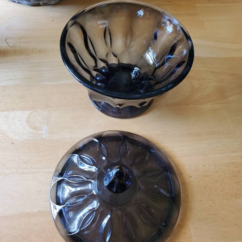 Black Amethyst, dark purple, deals lidded candy dish, retro, glass,