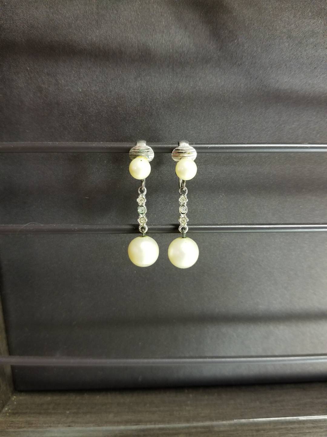 Vintage Faux Pearl and Rhinestone Dangle Clip Earrings - Etsy