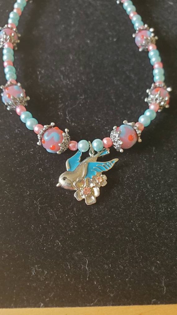 Springtime bluebird, necklace & earring set, blue,