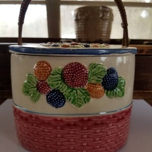 1950&#39;s, biscuit jar, ceramic, fruit, basket, made in Japan, wicker handle.