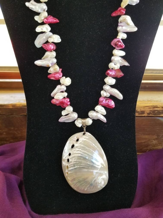 Handmade, seashell, cream, purple, pink, necklace