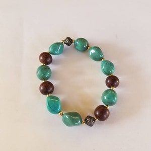 Turquoise, brown, wooden, beaded, stretch bracelet