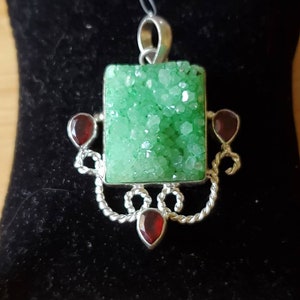 Stunning,  raw green calcite gemstone , ruby stones, sterling silver,  925, handmade,  charm, gift