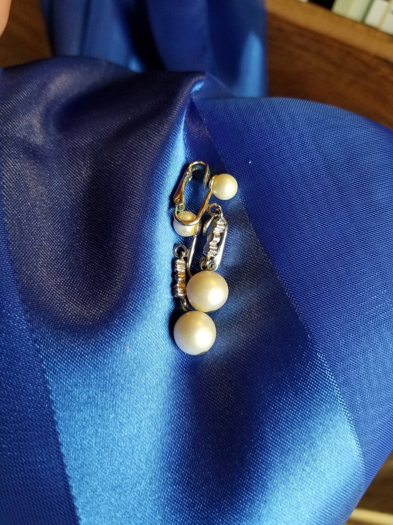 Vintage Faux Pearl and Rhinestone Dangle Clip Earrings Etsy