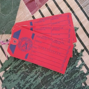 1957, Boy Scouts , National Jamboree, luggage tags, set of 3, vintage, antique, paper, ephemera, traveling, BSA, 66 years old.