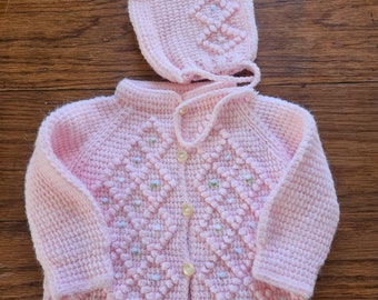 Crocheted, baby girl, pink, sweater with matching bonnet,  hat