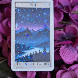 May include: A tarot card with a blue and purple mountain landscape under a starry night sky. The card is labeled "VIII THE NIGHT COURT".